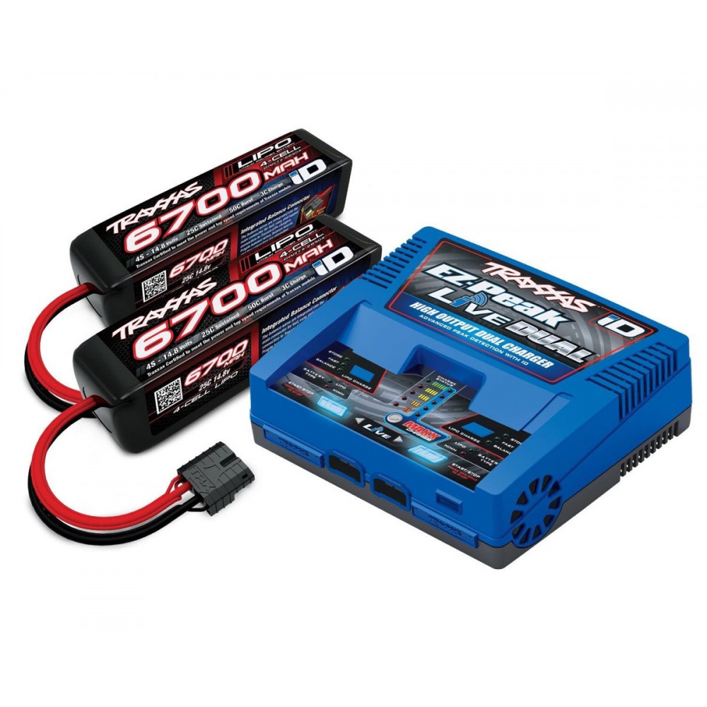 PACK CHARGEUR DOUBLE LIVE 2973GX + 2 x LIPO 4S 6700MAH 2890X PRISE TRAXXAS