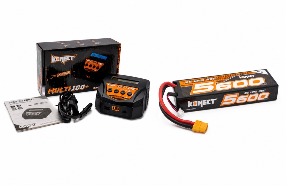 PACK eco Chargeur 10A 100W + Lipo 2S 5600 mah 60C Konect