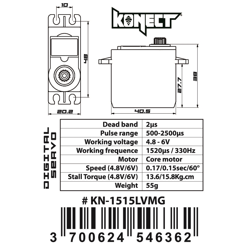 Servo Konect Digital 15kg-015s pignons métal 