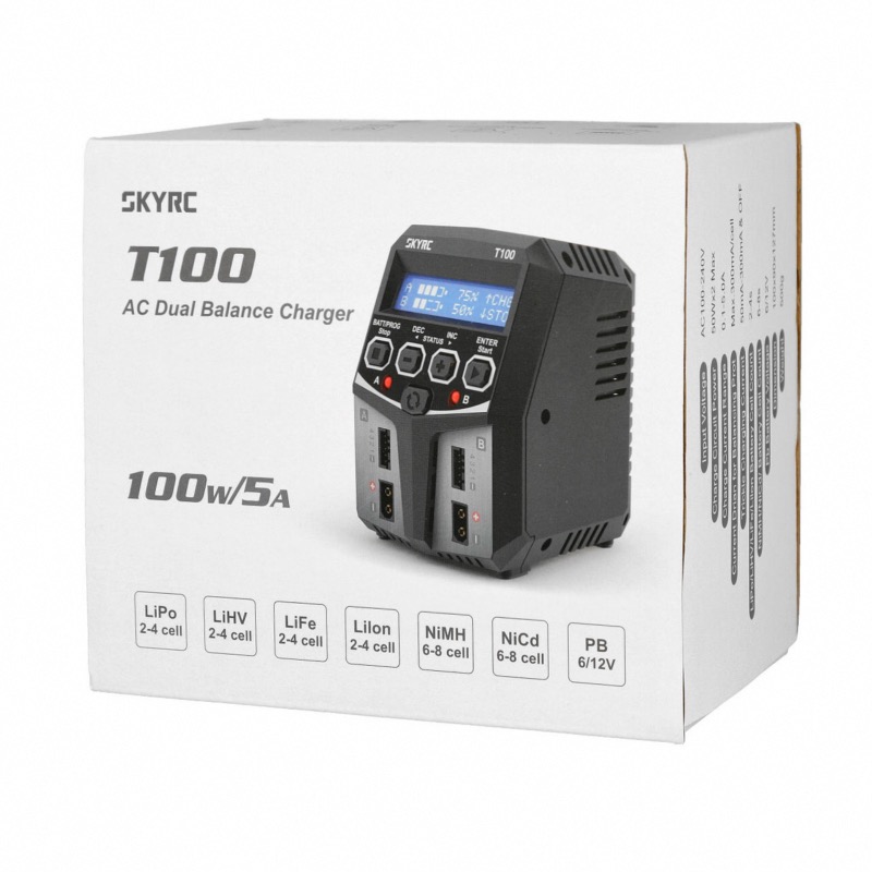 PACK ECO SkyRC T100 AC CHARGEUR DUO 5A 2x50W + 2 batteries Lipo 2S 6000mah