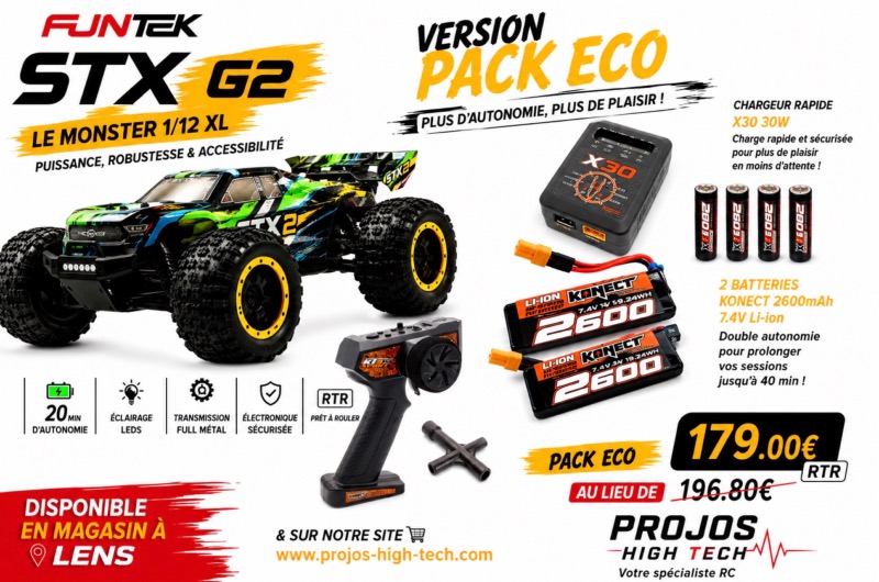 Funtek STX G2 1/12 XL Vert RC � 100% RTR, 2 Batteries + Chargeur Rapide