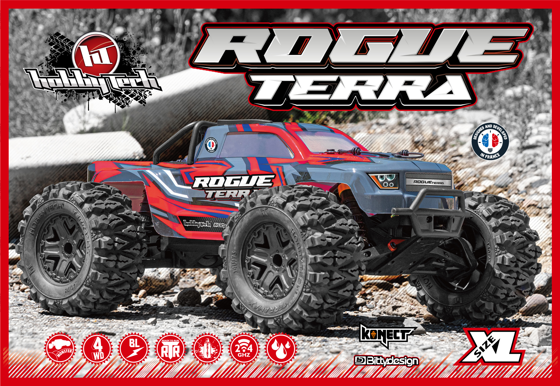 PACK ECO HOBBYTECH ROGUE TERRA MONSTER RC BRUSHLESS 1/10 XL RTR (ROUGE) 2 LIPO 3S ET CHARGEUR DOUBLE