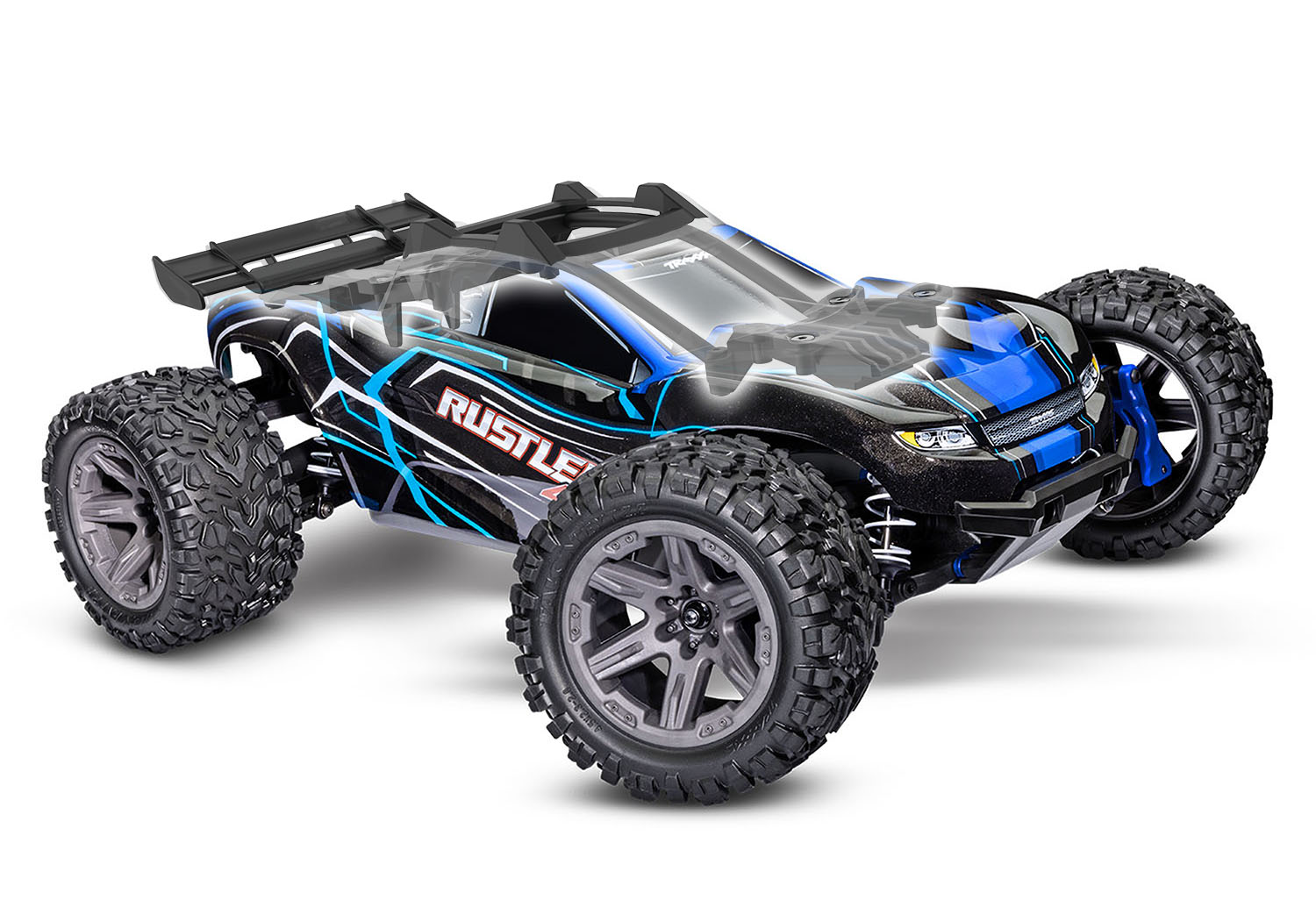 PACK ECO 100% RTR TRAXXAS RUSTLER 4X4 BRUSHLESS BL-2S BLEU LIPO CHARGEUR SAC OFFERT