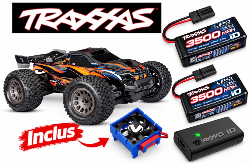 Traxxas Mini XRT 1/16 4x4 VXL 3S Brushless Orange RTR – PACK 2 Batteries 2S + Chargeur USB-C