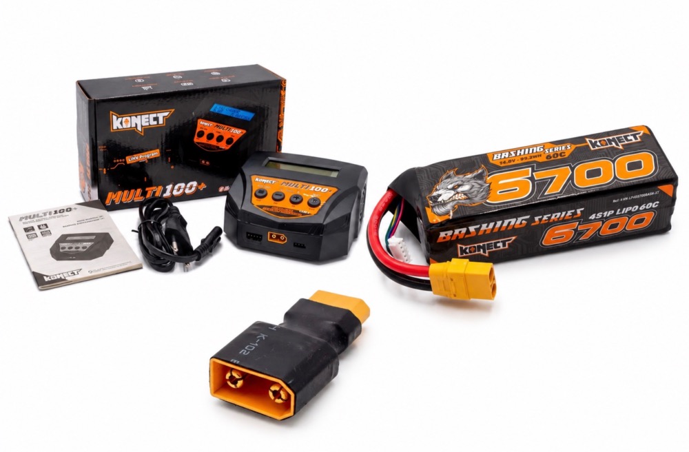 PACK eco Chargeur 10A 100W + Lipo 4S 6700 mah 60C XT90 KONECT